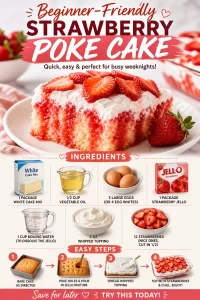 Delicious beginner-friendly strawberry poke cake served on a plate