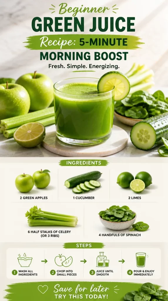 Fresh green juice made from spinach, kale, and fruits for a morning boost.
