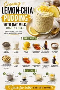 Creamy lemon-chia pudding with oat milk, a refreshing dairy-free dessert.
