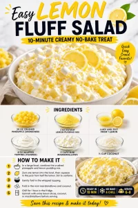 A delicious and creamy Lemon Fluff Salad, served in a bowl, perfect for summer gatherings.