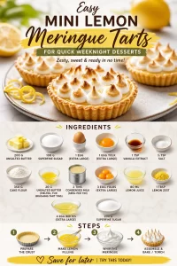 Easy mini lemon meringue tarts on a white plate with a lemon slice