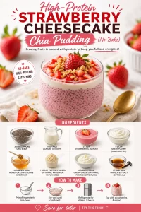 High-protein strawberry cheesecake chia pudding in a bowl