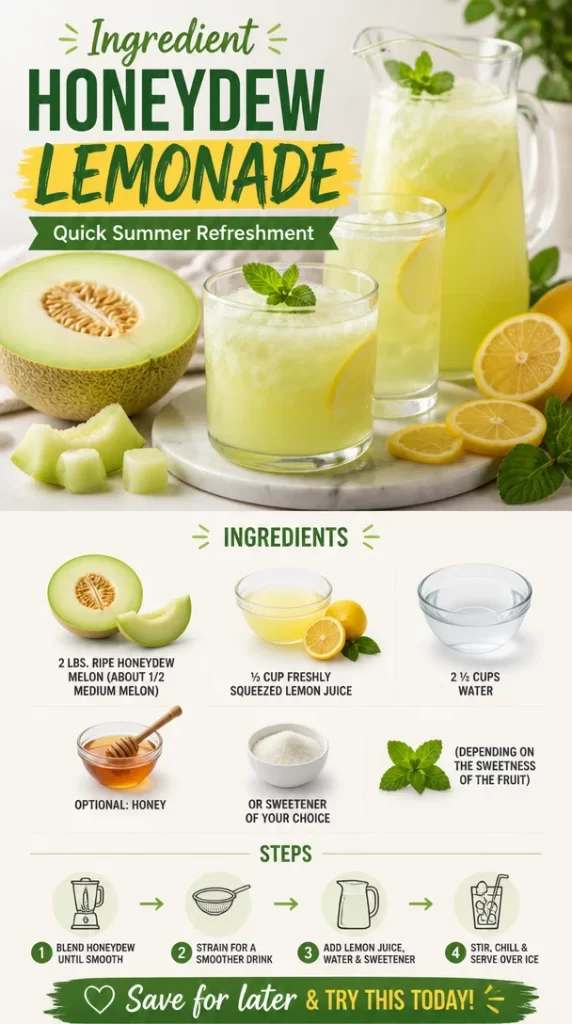 Freshly made honeydew lemonade in a glass with mint garnish