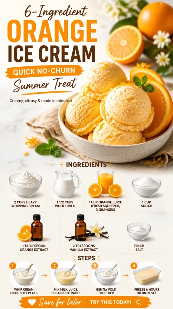 Delicious bowl of no-churn orange ice cream with fresh oranges