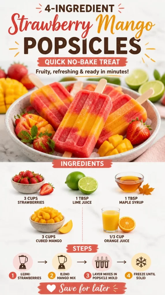 Delicious strawberry mango popsicles ready to enjoy on a sunny day.