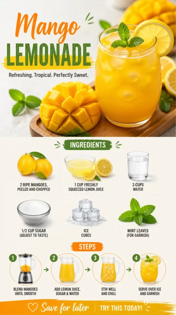 Refreshing Mango Lemonade drink in a glass with a slice of lemon and mango.