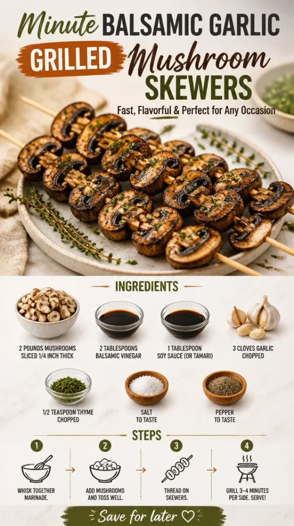 Minute Balsamic Garlic Grilled Mushroom Skewers on a barbecue grill