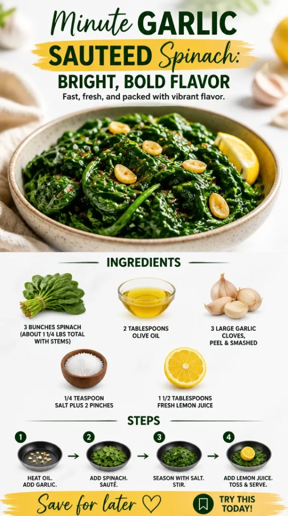 Plate of Minute Garlic Sauteed Spinach garnished with garlic and olive oil
