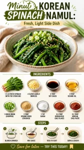 Bowl of Korean Spinach Namul, a fresh, light side dish made with seasoned spinach.