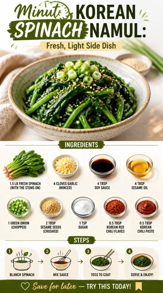 Bowl of Korean Spinach Namul, a fresh, light side dish made with seasoned spinach.