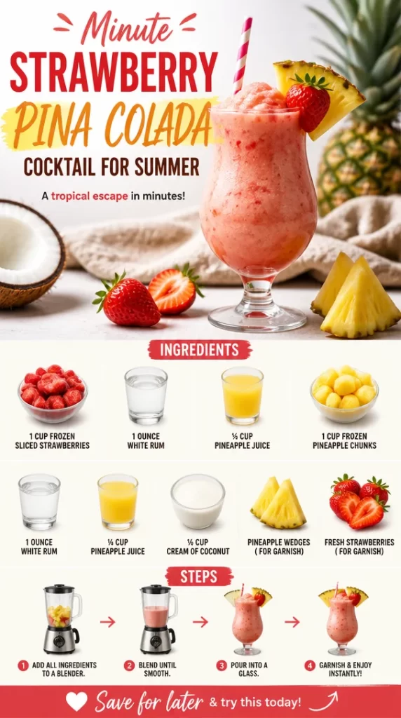 Strawberry Pina Colada cocktail in a glass with fresh strawberries and coconut garnish