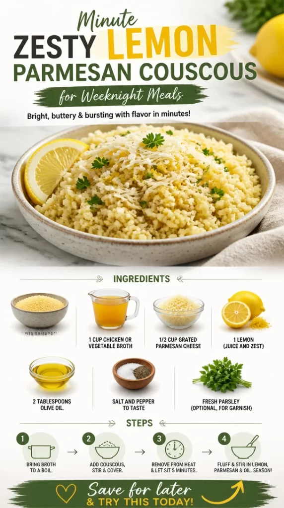 Plate of zesty lemon parmesan couscous garnished with parsley