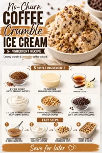 Delicious no-churn coffee crumble ice cream in a bowl with coffee beans and crumble toppings