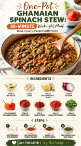 A delicious bowl of Ghanaian Spinach Stew served with rice, ready in 30 minutes.