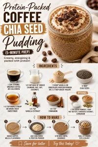 Protein-packed coffee chia seed pudding topped with nuts and berries