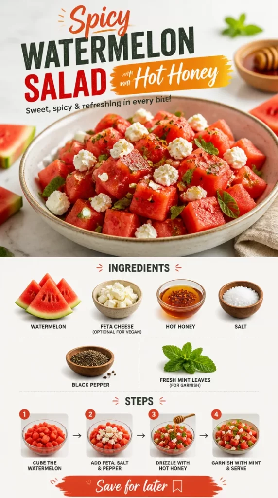 Delicious spicy watermelon salad drizzled with hot honey, bursting with flavor.