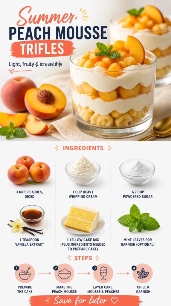 Delicious summer peach mousse trifles served in glass bowls