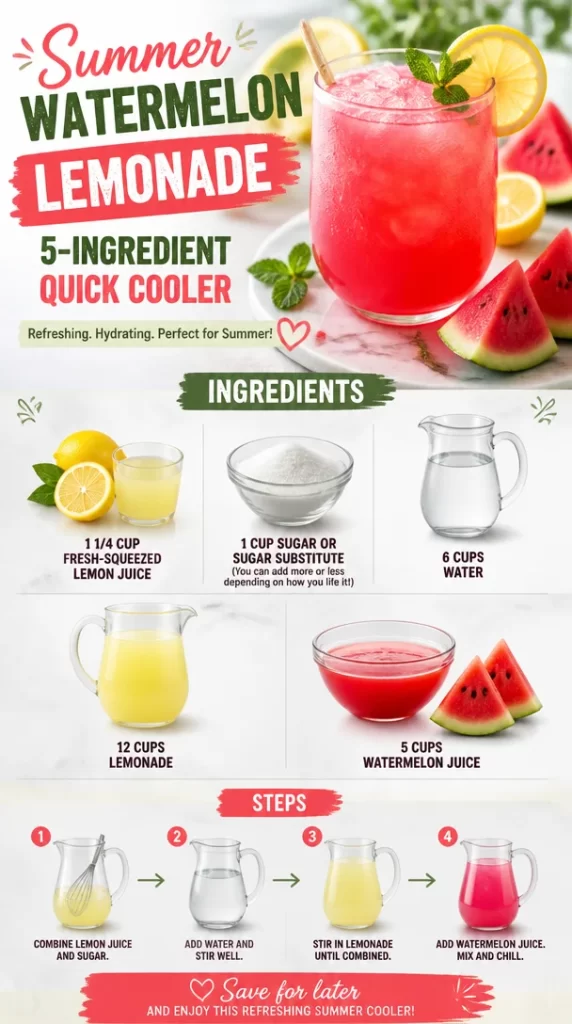 Refreshing summer watermelon lemonade made with five ingredients.