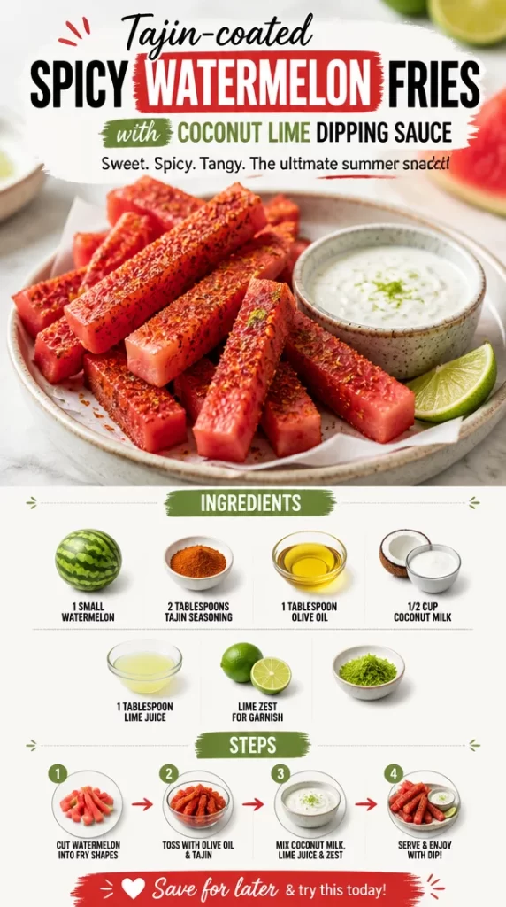 Tajin-coated spicy watermelon fries served with coconut lime dipping sauce