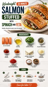 30-minute salmon stuffed with spinach and feta, healthy weeknight dinner recipe