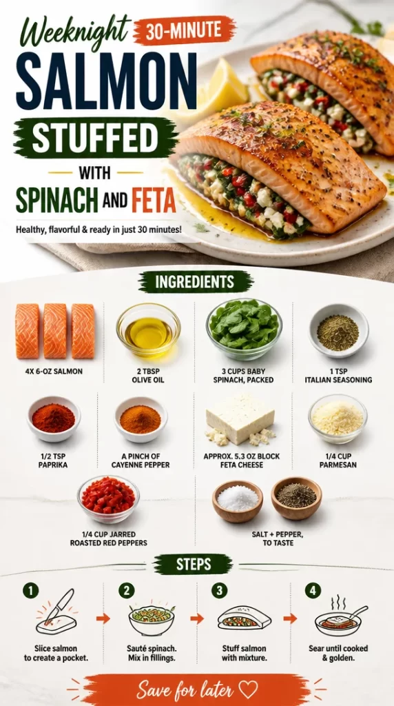 30-minute salmon stuffed with spinach and feta, healthy weeknight dinner recipe