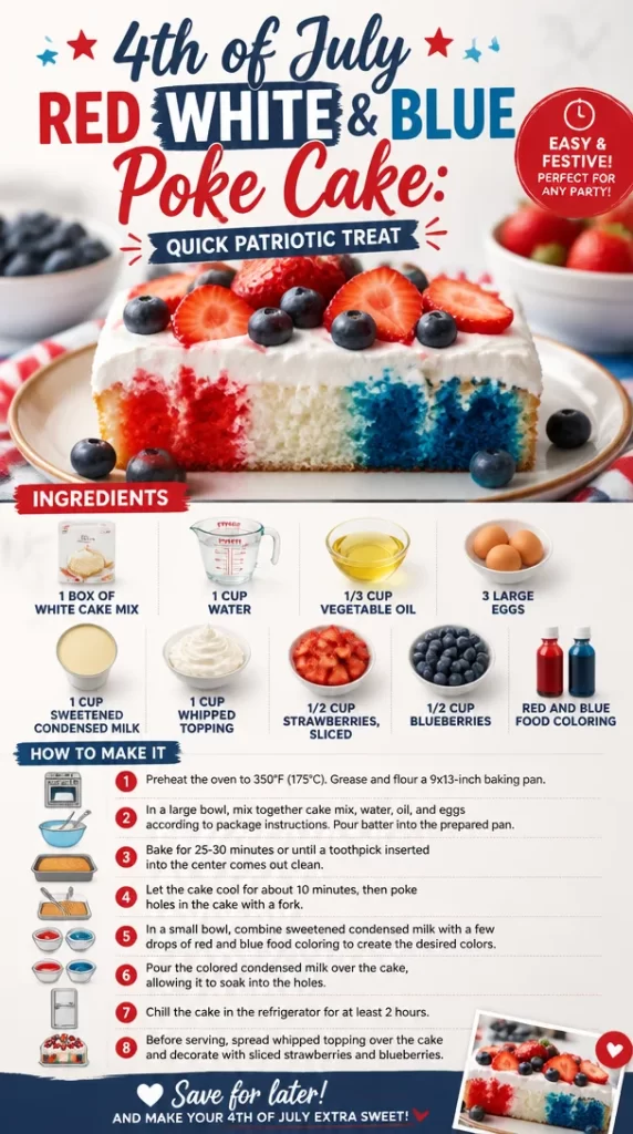 Delicious 4th of July Red White & Blue Poke Cake decorated for a festive celebration