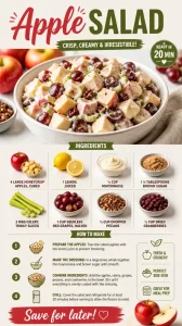 A fresh apple salad with sliced apples, greens, and nuts in a bowl.