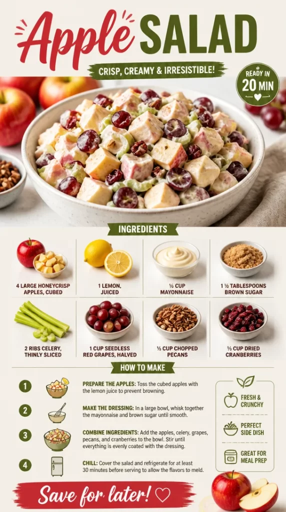 A fresh apple salad with sliced apples, greens, and nuts in a bowl.