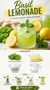 Glass of refreshing Basil Lemonade with lemon slices and basil leaves
