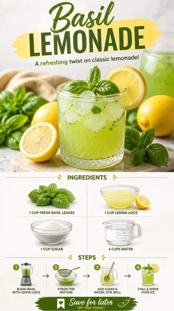 Glass of refreshing Basil Lemonade with lemon slices and basil leaves