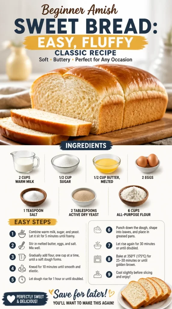 A loaf of homemade Amish sweet bread, golden and fluffy, on a wooden cutting board.