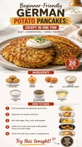 Crispy German potato pancakes cooked in one pan, served on a plate.