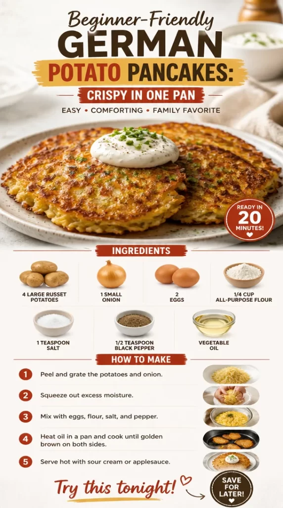Crispy German potato pancakes cooked in one pan, served on a plate.