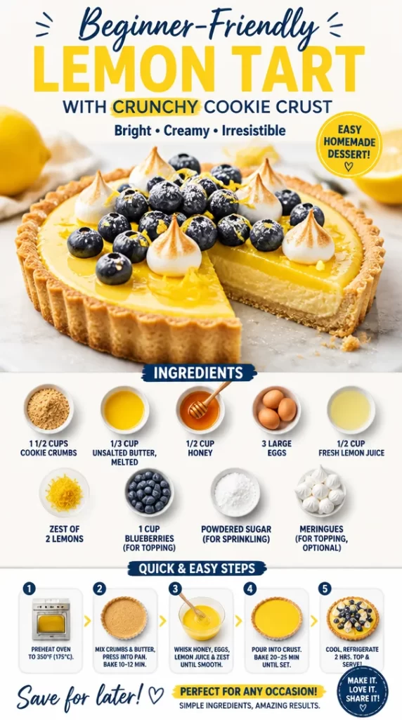 Beginner-friendly lemon tart with crunchy cookie crust and fresh lemon slices