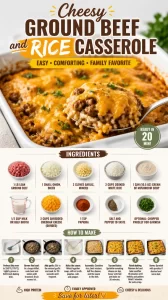 Delicious cheesy ground beef and rice casserole in a baking dish