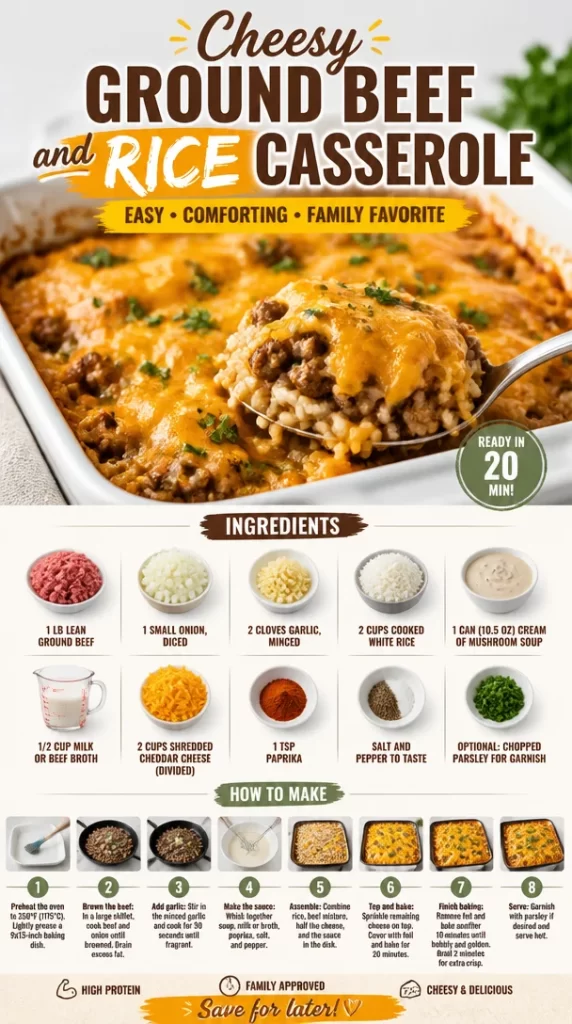 Delicious cheesy ground beef and rice casserole in a baking dish