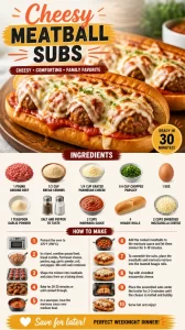 Cheesy meatball subs with melted cheese and marinara sauce on a crusty sub roll