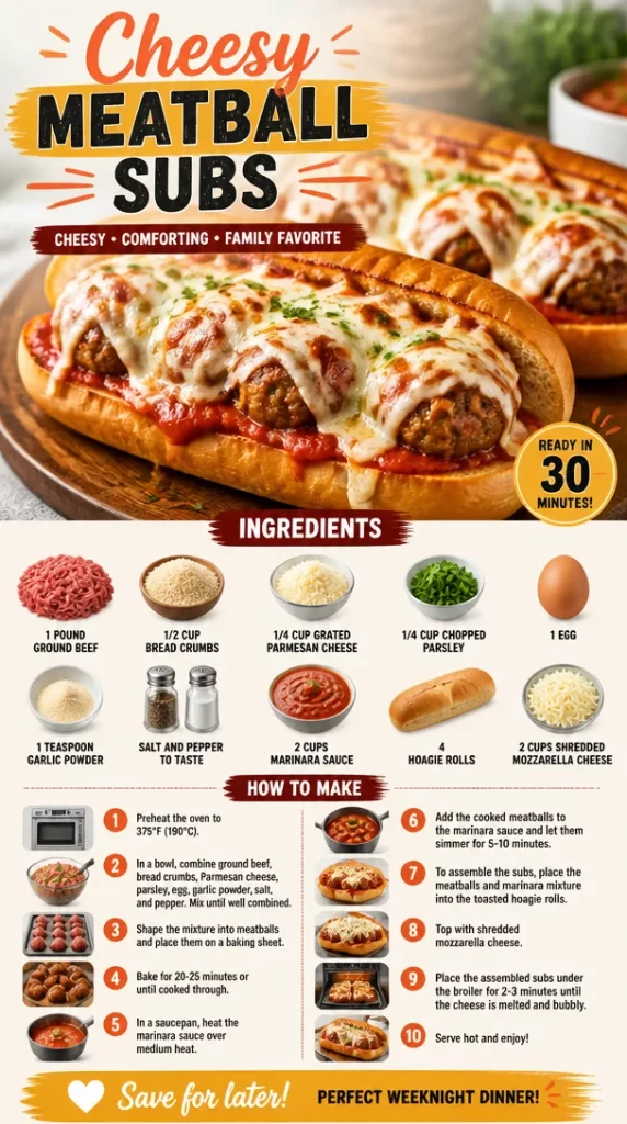 Cheesy meatball subs with melted cheese and marinara sauce on a crusty sub roll