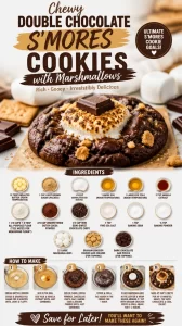 Chewy double chocolate s'mores cookies with marshmallows on a plate