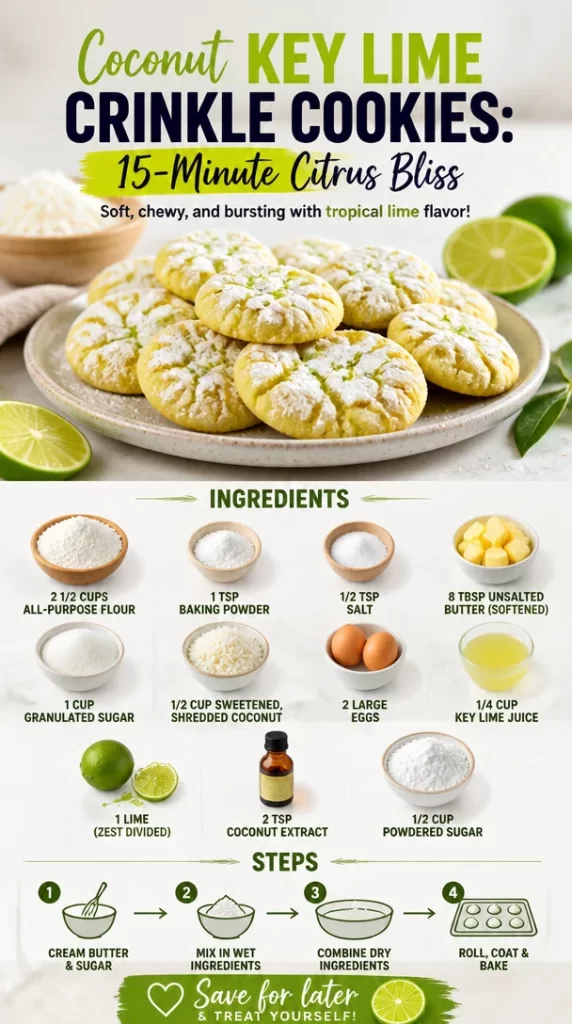 Plate of Coconut Key Lime Crinkle Cookies with lime zest and coconut flakes