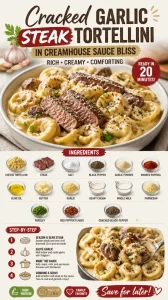 Cracked Garlic Steak Tortellini served in a creamy sauce with herbs.