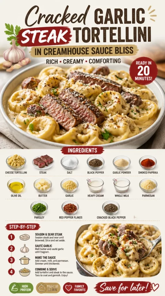 Cracked Garlic Steak Tortellini served in a creamy sauce with herbs.
