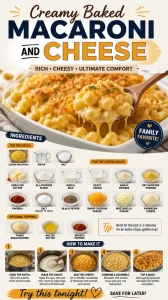 Creamy baked macaroni and cheese served in a casserole dish with a golden crust