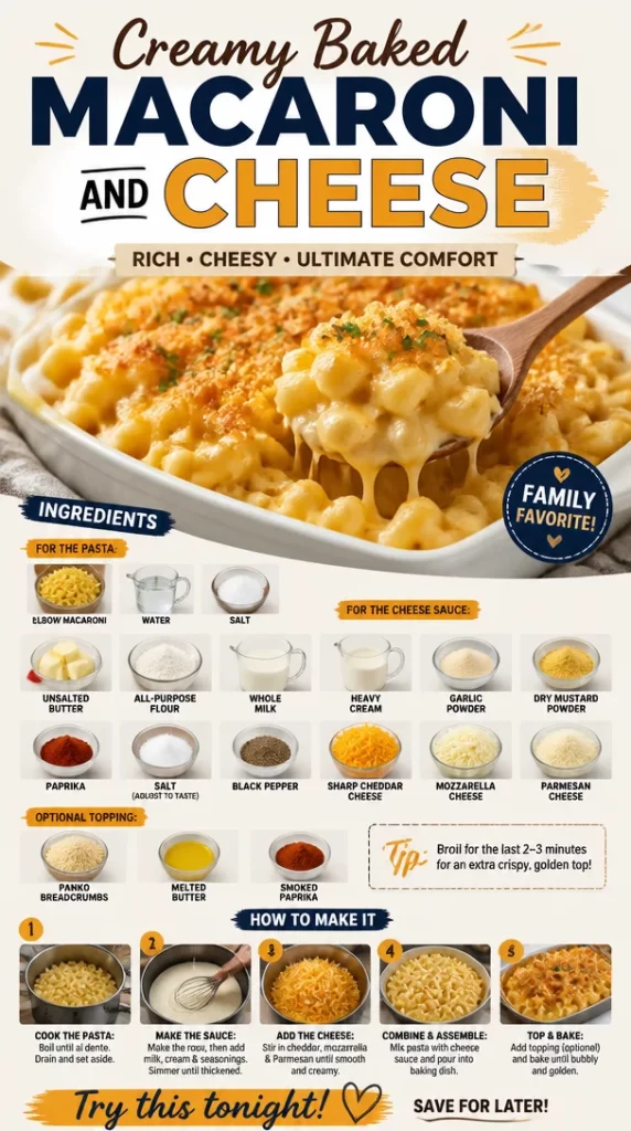 Creamy baked macaroni and cheese served in a casserole dish with a golden crust