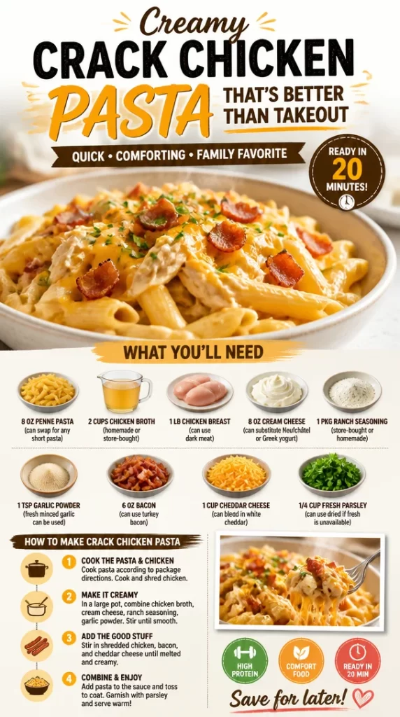 Creamy Crack Chicken Pasta dish with garnishes served in a bowl
