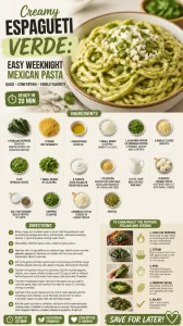 Plate of creamy Espagueti Verde topped with fresh ingredients.