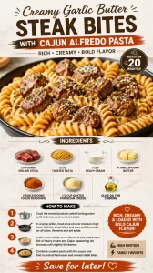 Creamy garlic butter steak bites served with Cajun Alfredo pasta in a delicious dish