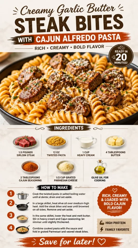 Creamy garlic butter steak bites served with Cajun Alfredo pasta in a delicious dish