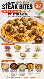 Creamy garlic butter steak bites with spicy Cajun Alfredo pasta dish
