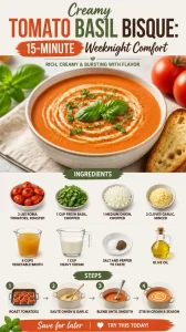 Bowl of creamy tomato basil bisque topped with fresh basil leaves